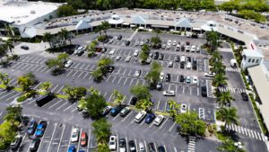 An aerial view of an airport parking lot